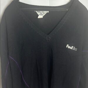 Dex Black V-Neck Sweater with Purple Trim and White Logo